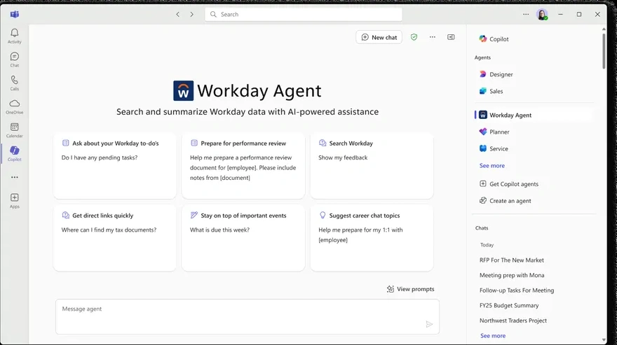 Workday Agent landing page inside Microsoft Teams Copilot